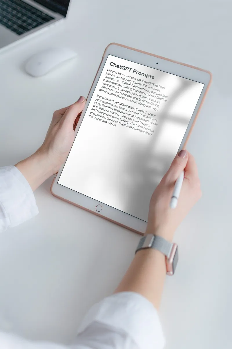 Burnout guide on iPad with AI-assisted journaling prompts