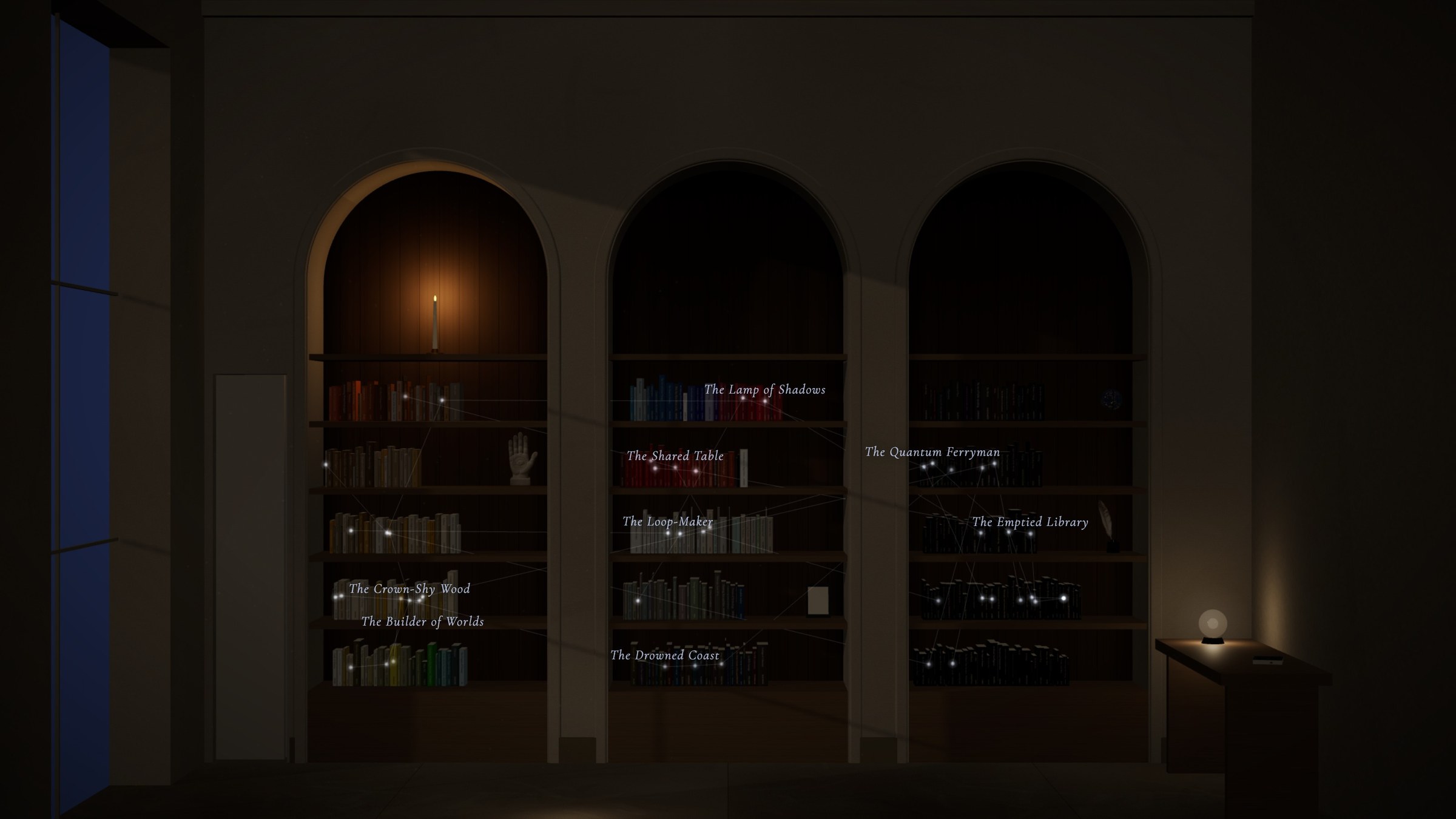 Night mode, with constellations between books that share a theme